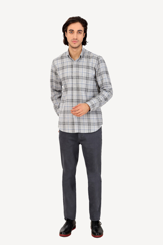 Erkek Gri Klasik Uzun Kol Oduncu Gömlek - YSF (1)