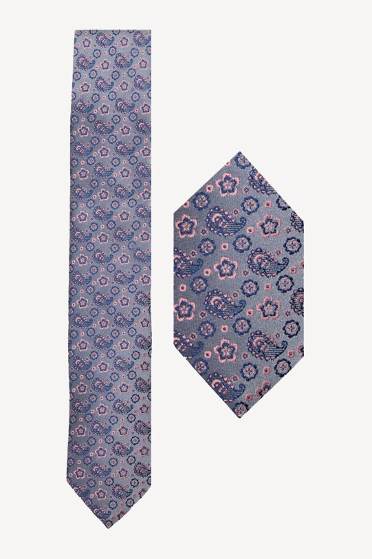 Erkek Gri Kravat Mendil Set - YSF