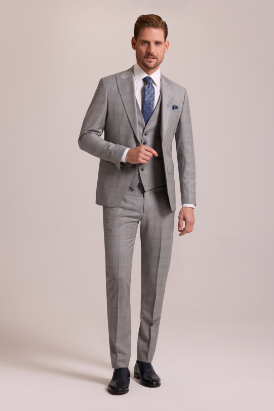 Erkek Gri Krem Slim Fit Sivri Yaka Yelekli Yün Kareli Takım Elbise