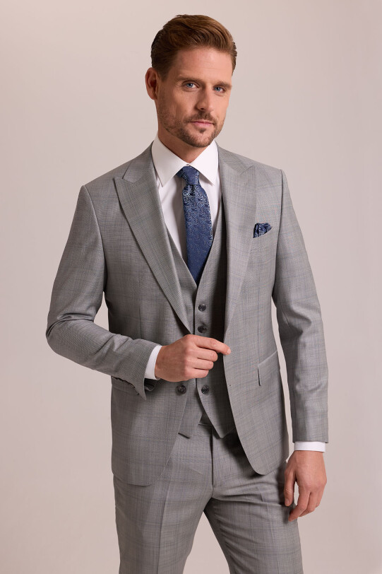 Erkek Gri Krem Slim Fit Sivri Yaka Yelekli Yün Kareli Takım Elbise