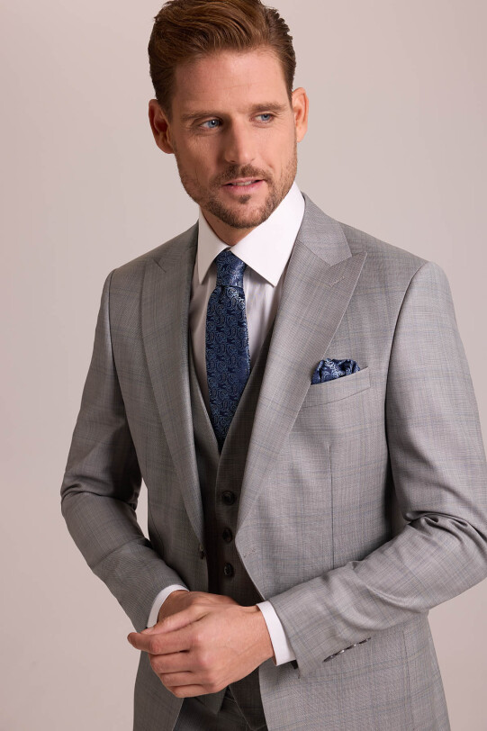 Erkek Gri Krem Slim Fit Sivri Yaka Yelekli Yün Kareli Takım Elbise