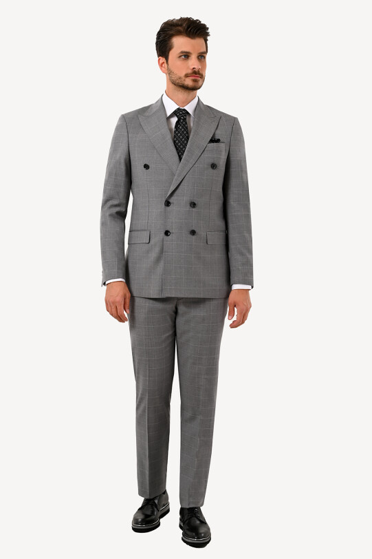 Erkek Gri Kruvaze Çift Yırtmaç Takım Elbise