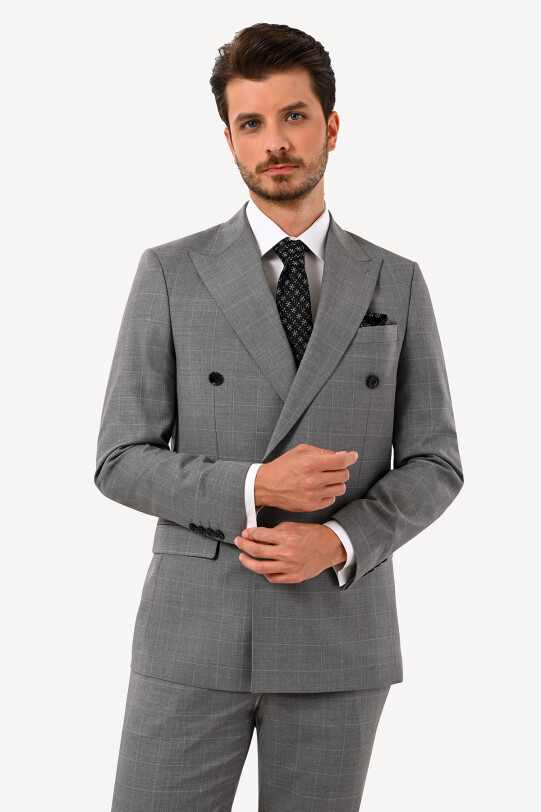 Erkek Gri Kruvaze Çift Yırtmaç Takım Elbise