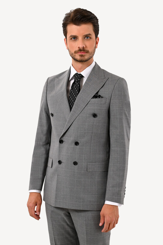 Erkek Gri Kruvaze Çift Yırtmaç Takım Elbise