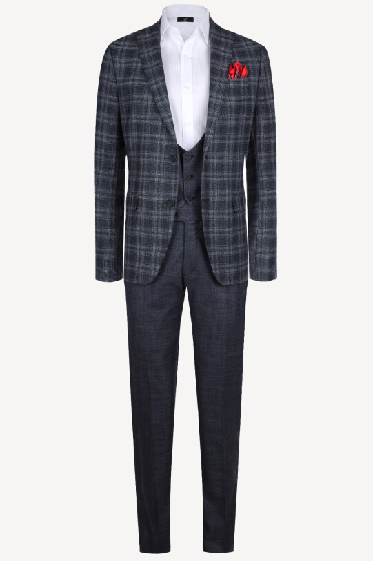 Erkek Gri Lacivert Ekose Yelekli Slim Fit Takım Elbise - YSF
