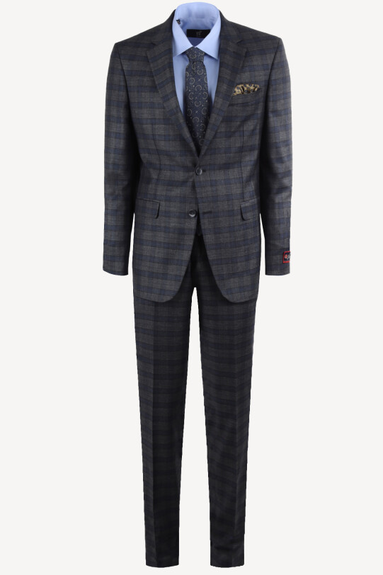 Erkek Gri Lacivert Klasik Ekose Takım Elbise