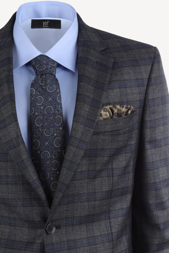 Erkek Gri Lacivert Klasik Ekose Takım Elbise