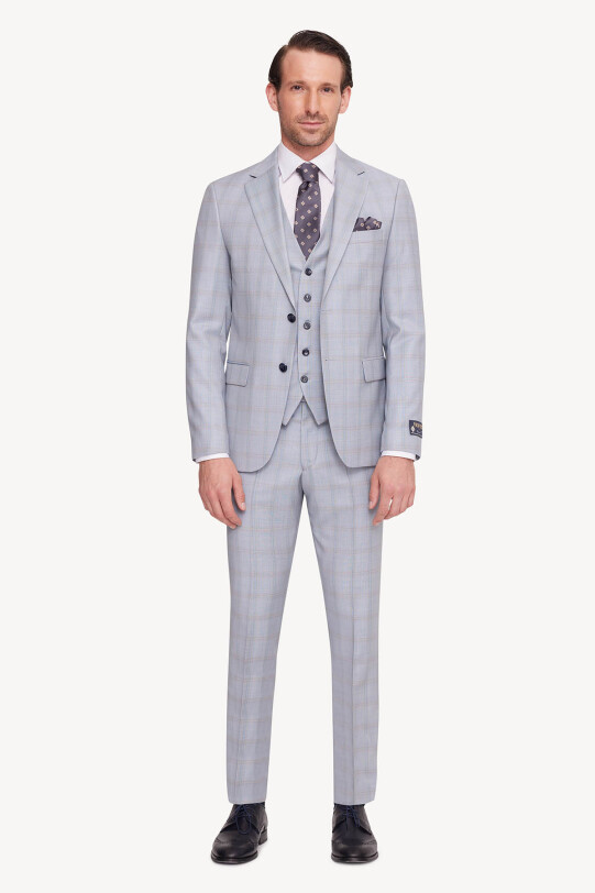 Erkek Gri Mavi Slim Fit Mono Yaka Yelekli Takım Elbise - YSF