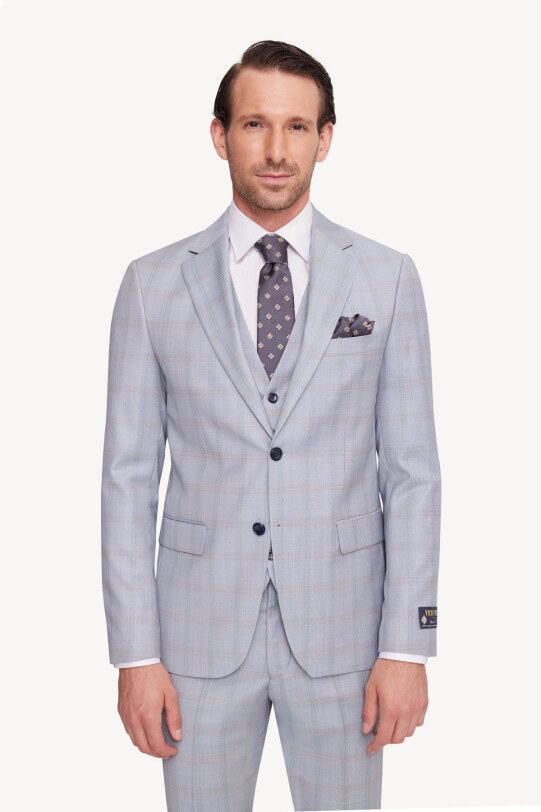 Erkek Gri Mavi Slim Fit Mono Yaka Yelekli Takım Elbise