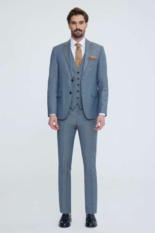 Erkek Gri Mavi Slim Fit Yelekli Takım Elbise