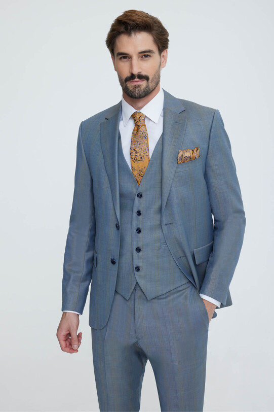 Erkek Gri Mavi Slim Fit Yelekli Takım Elbise