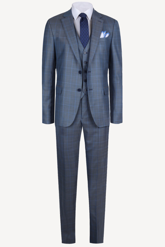 Erkek Gri Mavi Yelekli Ekose Regular Fit Takım Elbise - YSF