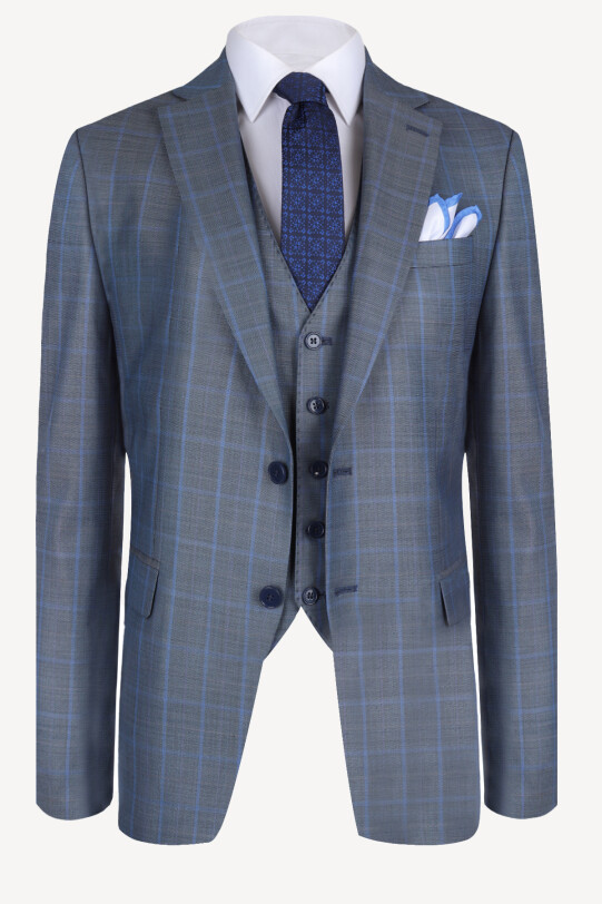 Erkek Gri Mavi Yelekli Ekose Regular Fit Takım Elbise - YSF (1)