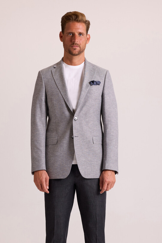 Erkek Gri Mono Yaka Desenli Yazlık Keten Ceket