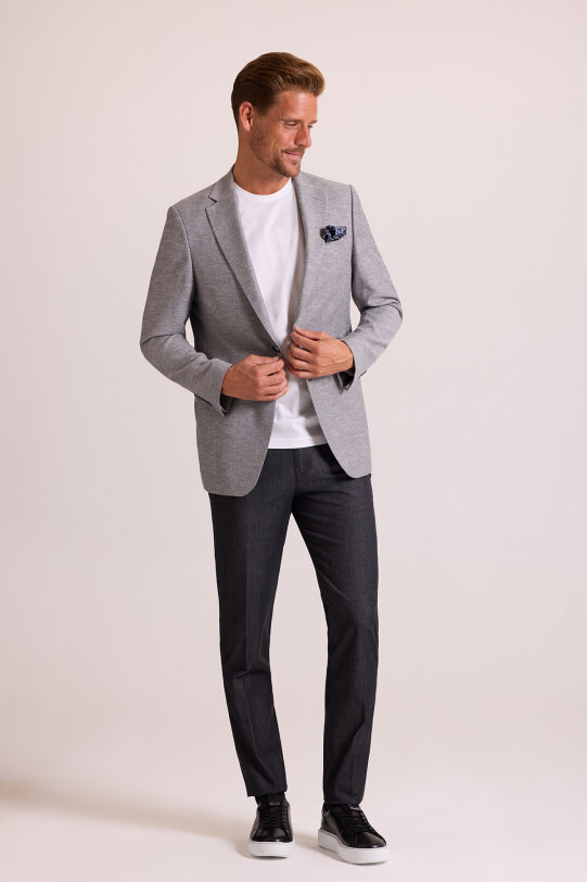 Erkek Gri Mono Yaka Desenli Yazlık Keten Ceket