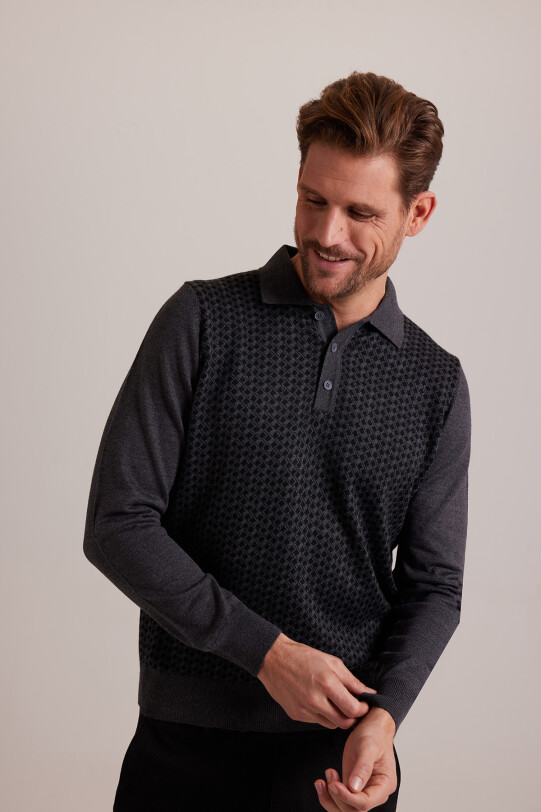 Erkek Gri Polo Yaka Desenli Triko