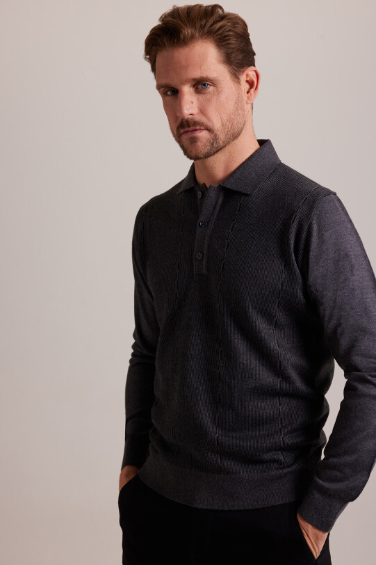 Erkek Gri Polo Yaka Desenli Triko