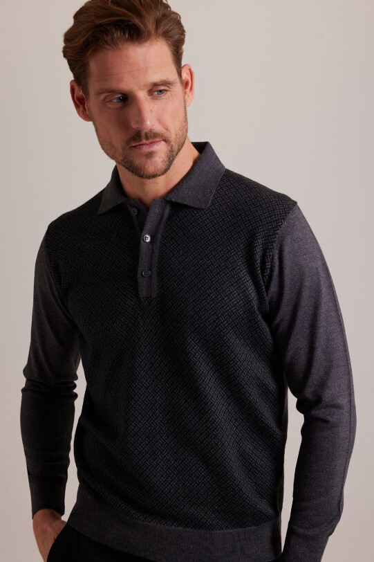 Erkek Gri Polo Yaka Desenli Triko