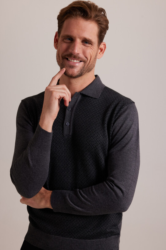 Erkek Gri Polo Yaka Desenli Triko