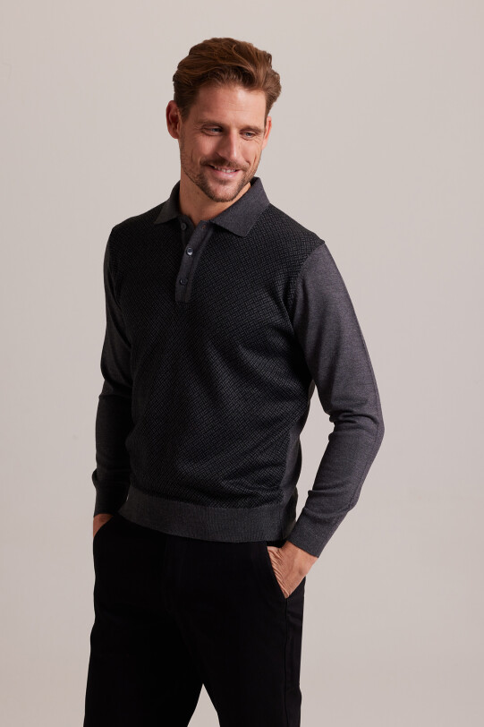 Erkek Gri Polo Yaka Desenli Triko