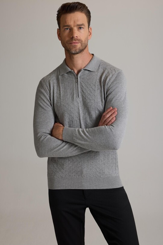Erkek Gri Polo Yaka Fermuarlı Triko