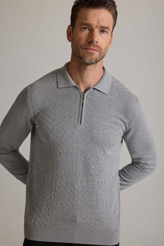 Erkek Gri Polo Yaka Fermuarlı Triko