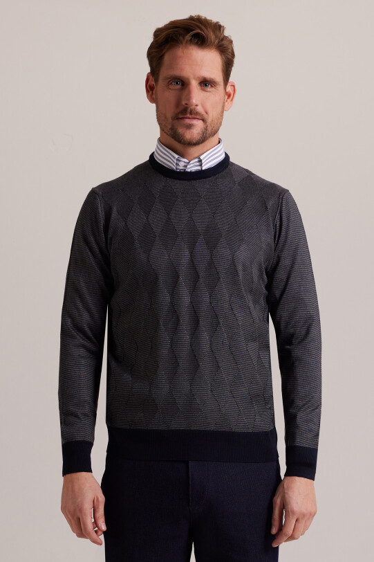 Erkek Gri Regular Fit Baklava Desenli Bisiklet Yaka Triko