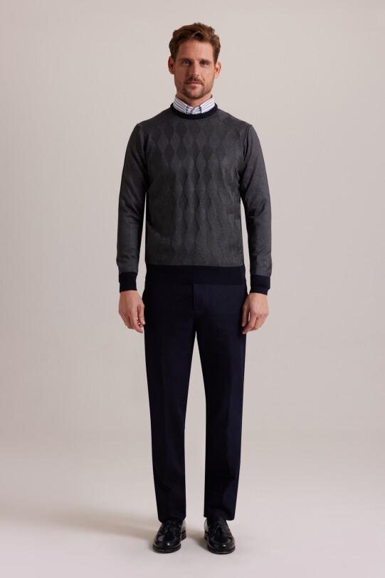 Erkek Gri Regular Fit Baklava Desenli Bisiklet Yaka Triko