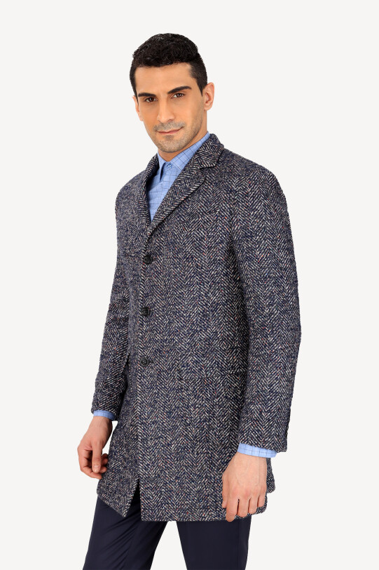 Erkek Gri Regular Fit Balık Sırtı Desenli Palto