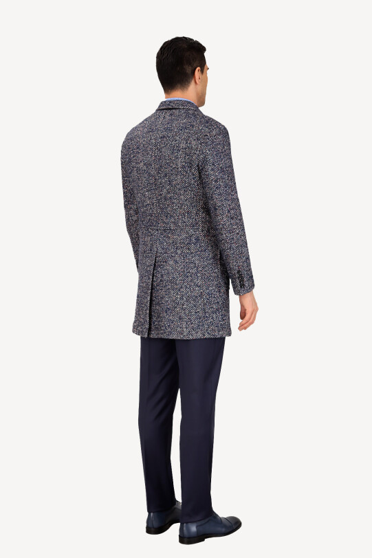 Erkek Gri Regular Fit Balık Sırtı Desenli Palto