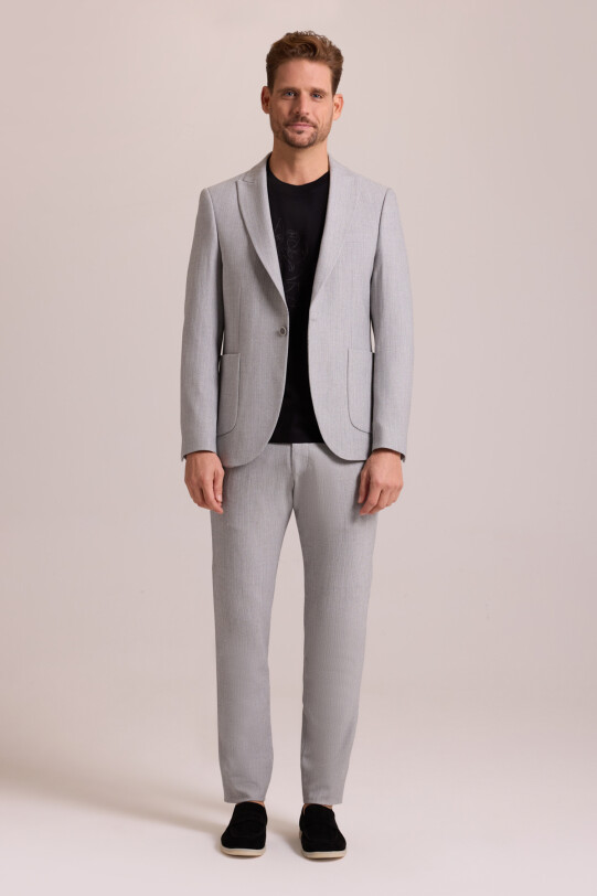 Erkek Gri Regular Fit Beli Lastikli Balık Sırtı Desenli Mono Yaka Takım Elbise