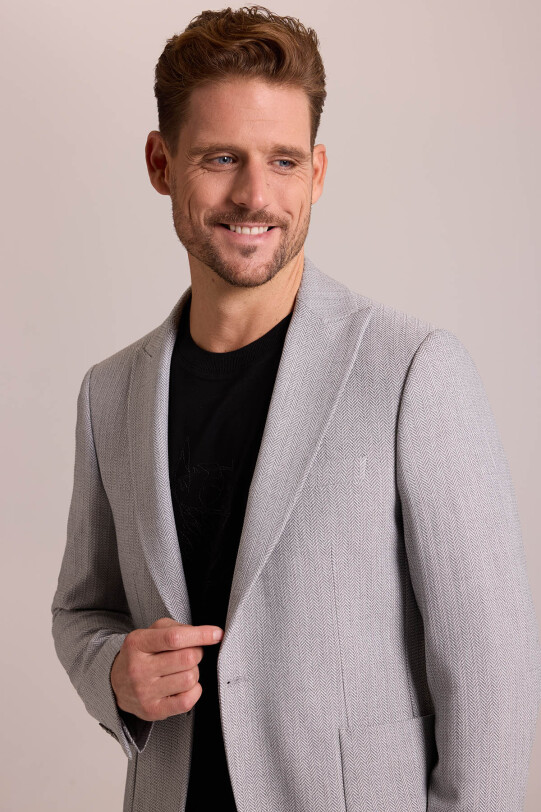 Erkek Gri Regular Fit Beli Lastikli Balık Sırtı Desenli Mono Yaka Takım Elbise