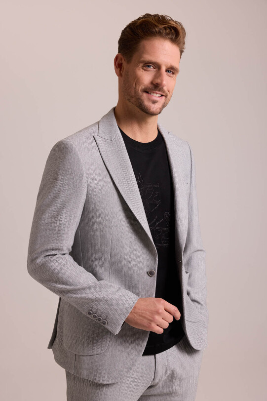 Erkek Gri Regular Fit Beli Lastikli Balık Sırtı Desenli Mono Yaka Takım Elbise