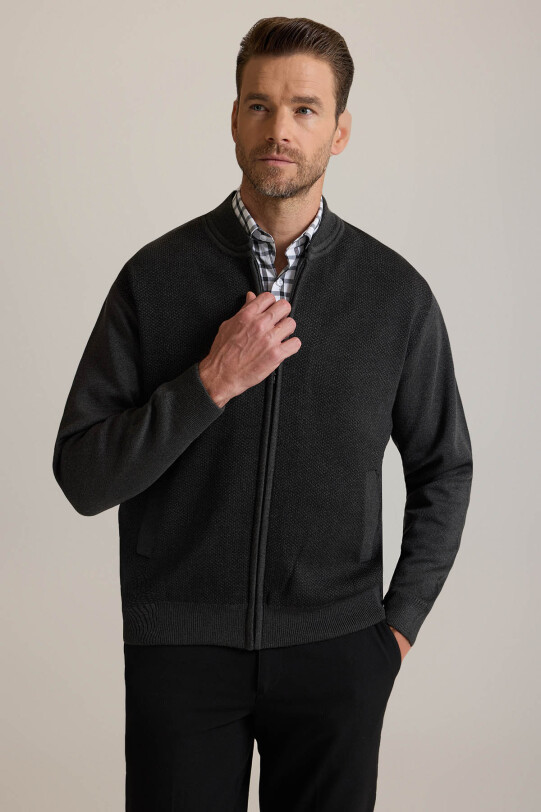 Erkek Gri Regular Fit Desenli Triko Hırka