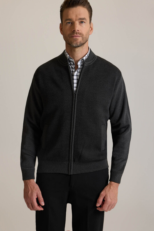 Erkek Gri Regular Fit Desenli Triko Hırka