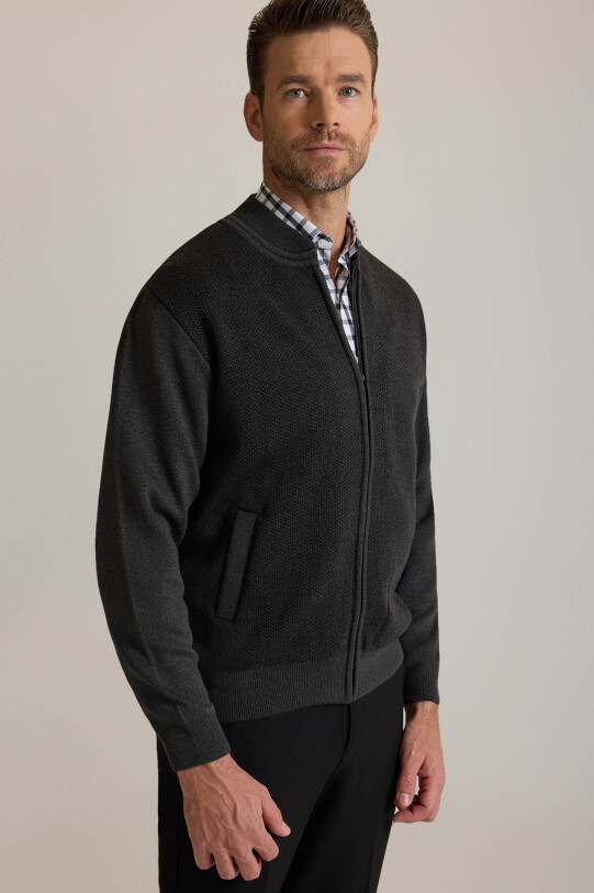 Erkek Gri Regular Fit Desenli Triko Hırka