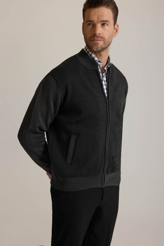 Erkek Gri Regular Fit Desenli Triko Hırka