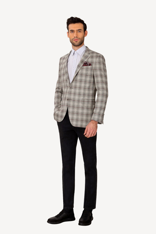 Erkek Gri Regular Fit Ekose Ceket