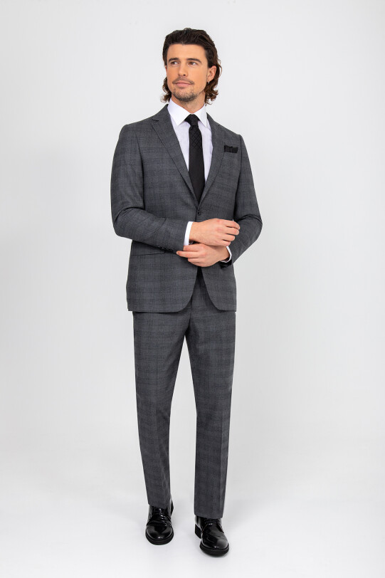 Erkek Gri Regular Fit Ekose Desenli Takım Elbise