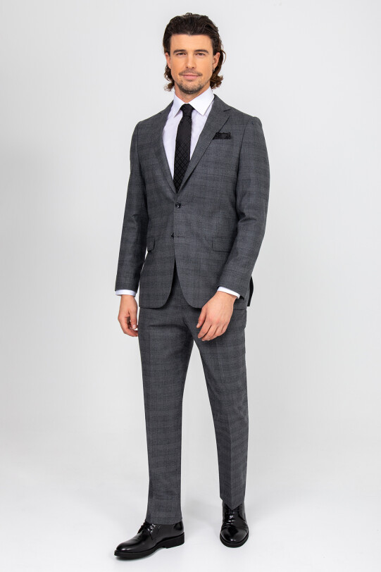 Erkek Gri Regular Fit Ekose Desenli Takım Elbise