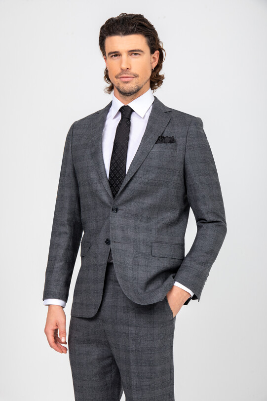 Erkek Gri Regular Fit Ekose Desenli Takım Elbise