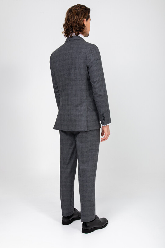 Erkek Gri Regular Fit Ekose Desenli Takım Elbise