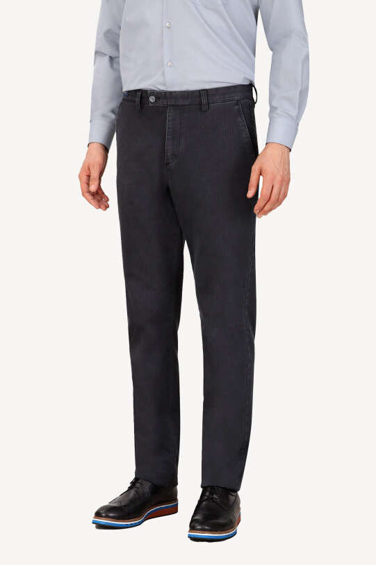 Erkek Gri Regular Fit Kanvas Spor Çizgili Pantolon