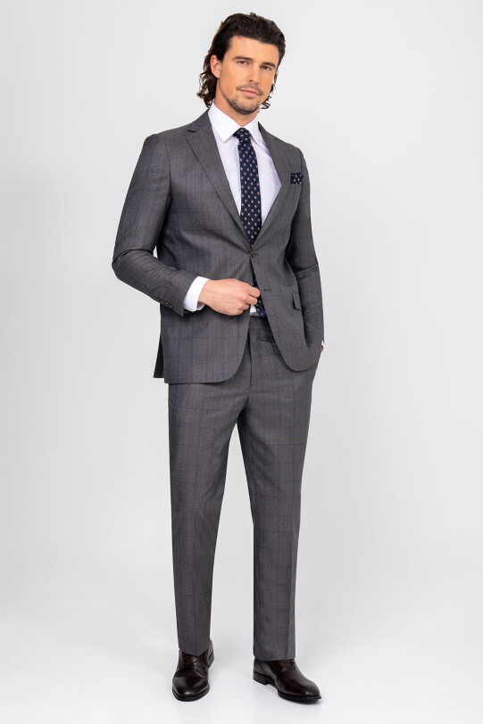 Erkek Gri Regular Fit Kareli Takım Elbise