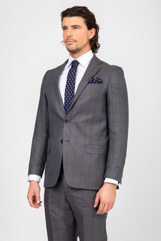 Erkek Gri Regular Fit Kareli Takım Elbise