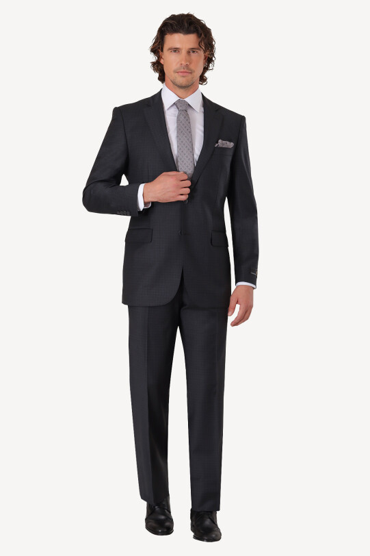 Erkek Gri Regular Fit Kareli Takım Elbise