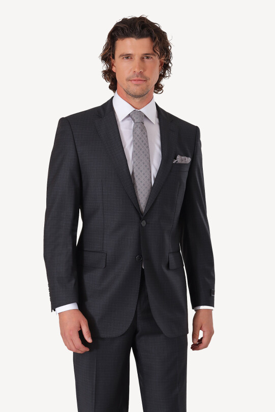 Erkek Gri Regular Fit Kareli Takım Elbise