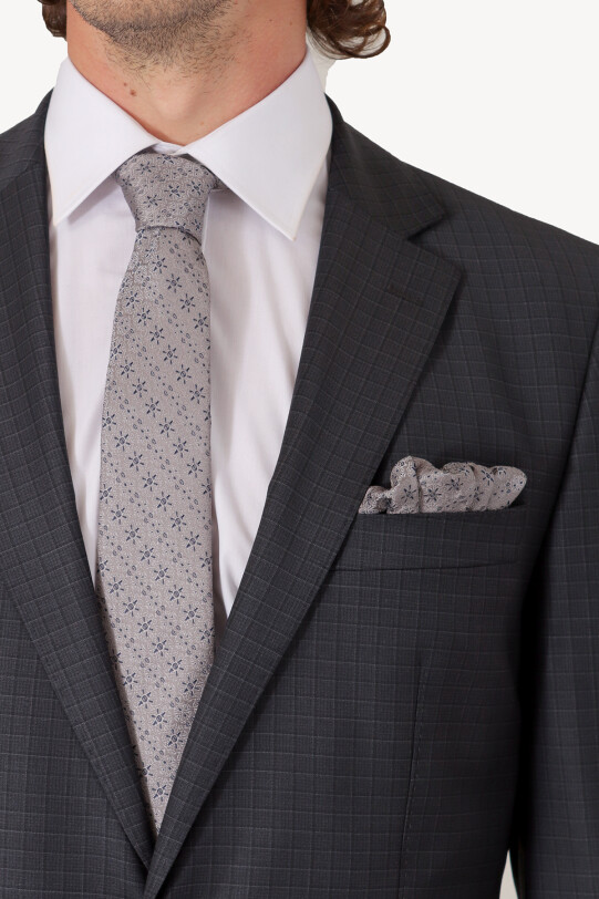 Erkek Gri Regular Fit Kareli Takım Elbise