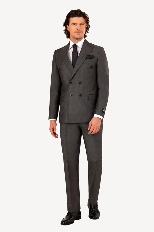 Erkek Gri Regular Fit Kruvaze Takım Elbise