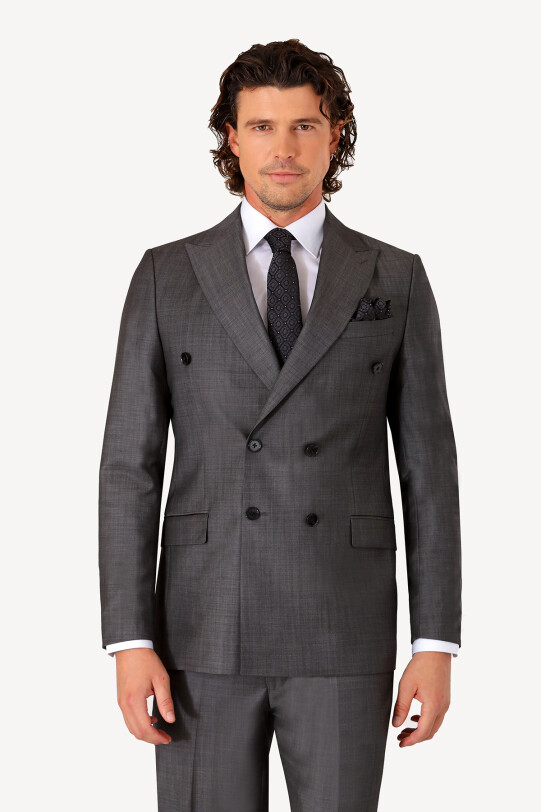 Erkek Gri Regular Fit Kruvaze Takım Elbise